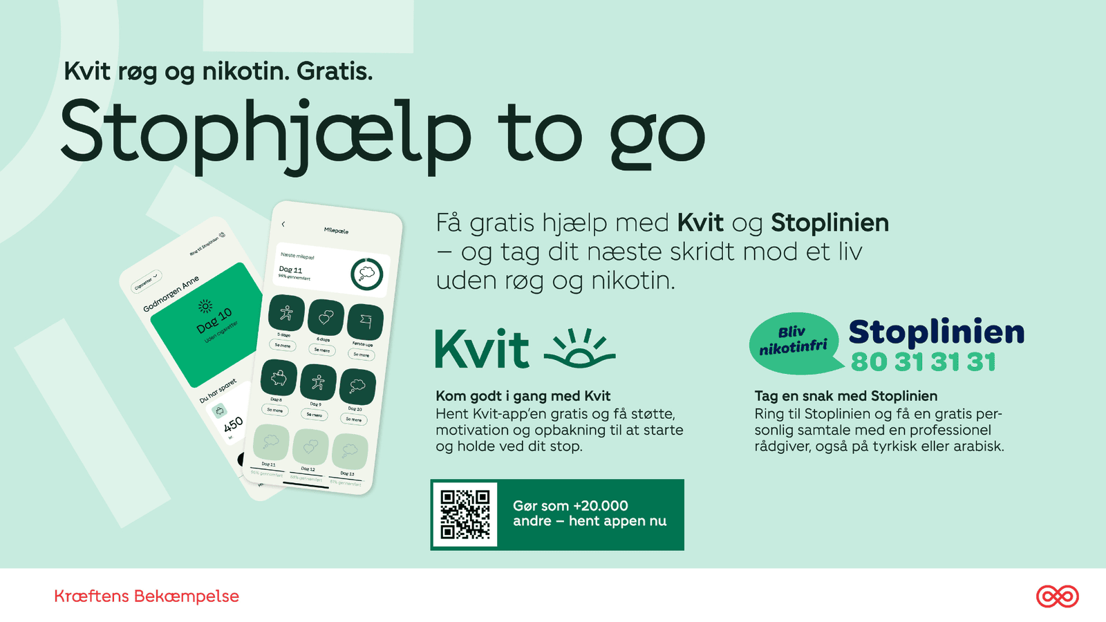 Aktuel Kræftens Bekæmpelse-annonce: Kvit og Stoplinien på apoteksskærm